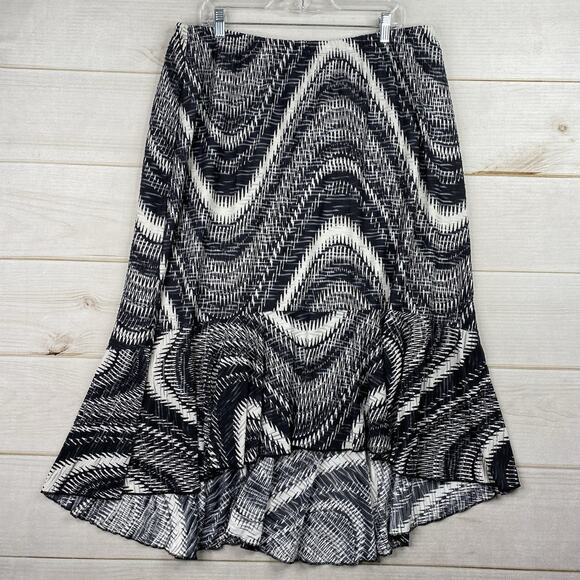 CJ Banks Midi Skirt 1X Black White Swirl Knit Academia Swing Hi Low Hem Pull On - Picture 1 of 8